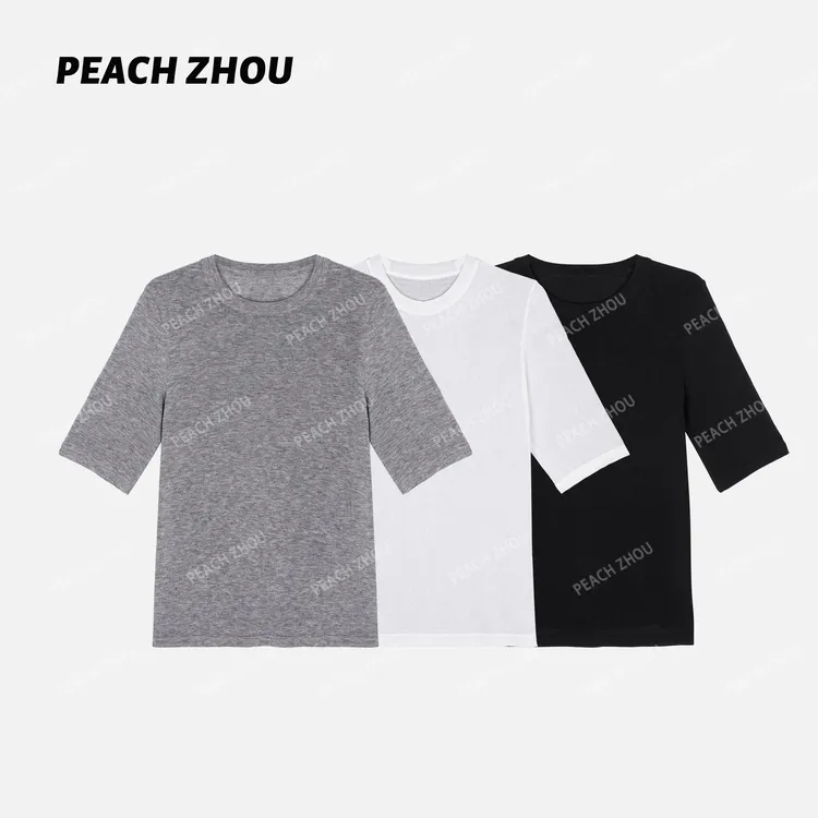 『PEACHZHOU』天丝羊毛轻薄弹力纯色修身圆领五分袖休闲气质中袖T恤