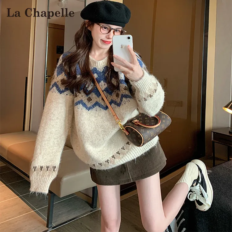 拉夏贝尔费尔岛套头毛衣女冬加厚港味复古慵懒风小个子内搭针织衫
