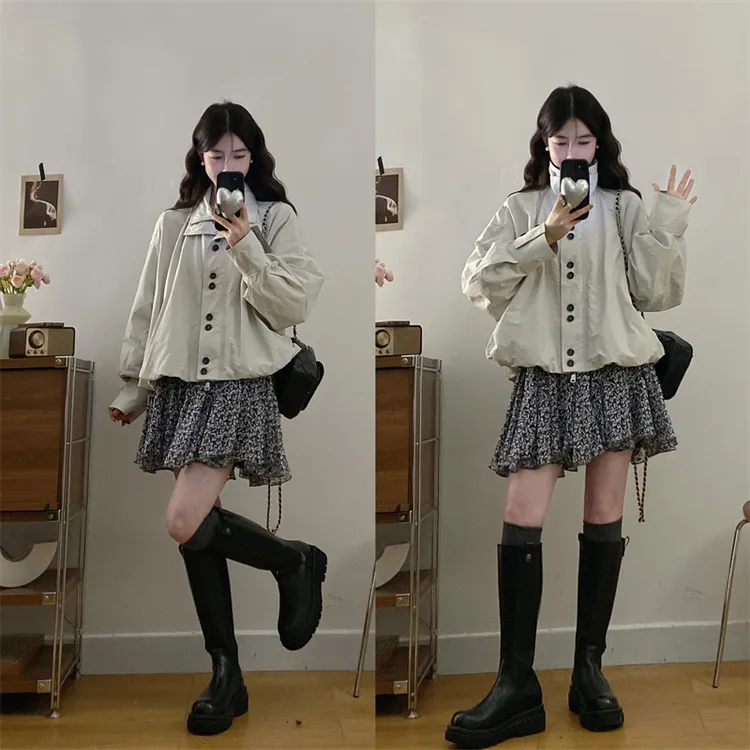 大码女装新款气质工装宽松通勤花苞型短外套女+半身裙套装