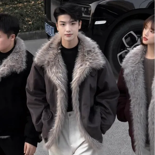 皮毛一体座山雕外套男款秋冬季加厚保暖麂皮绒棉衣短款大毛领棉服