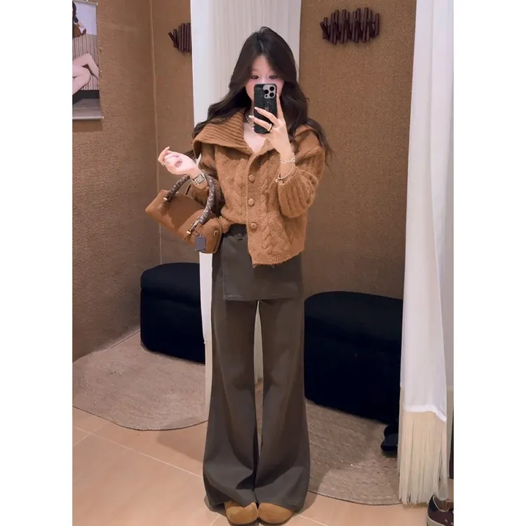 2025秋季新款女法式设计感宽松长袖毛衣开衫气质高腰显瘦阔腿长裤