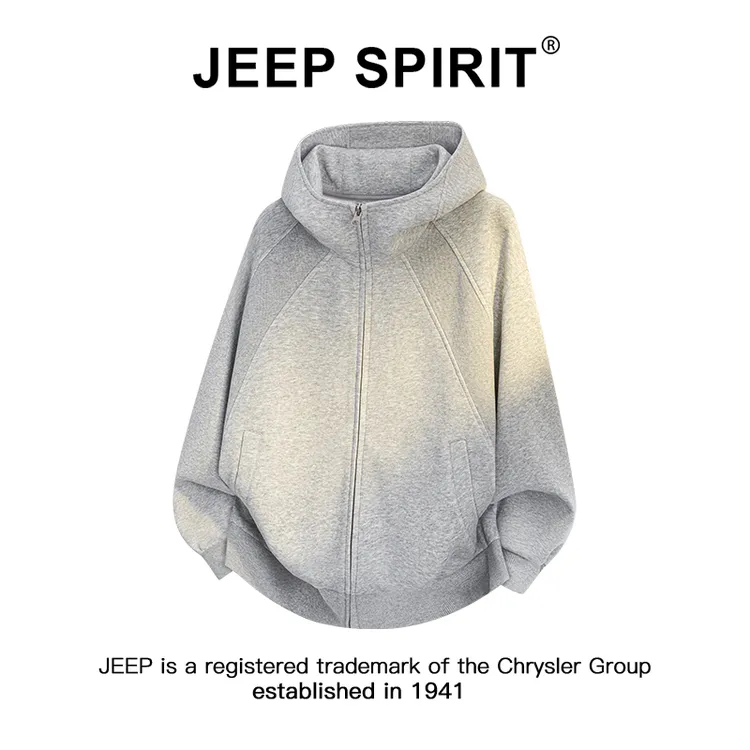 Jeep吉普螺纹拼接开衫卫衣男春秋季潮牌重磅boxy版型宽松连帽外套