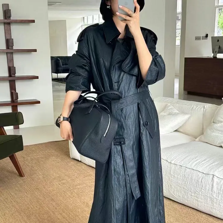 秋冬冬季中长款西装领宽松型显瘦皮衣秋季薄款翻领