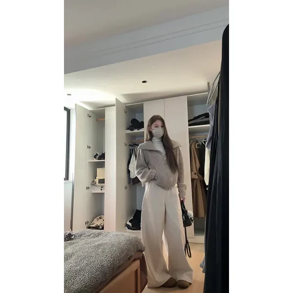 韩系连帽针织开衫女秋新款休闲百搭拉链毛衣外套高领内搭裤子套装