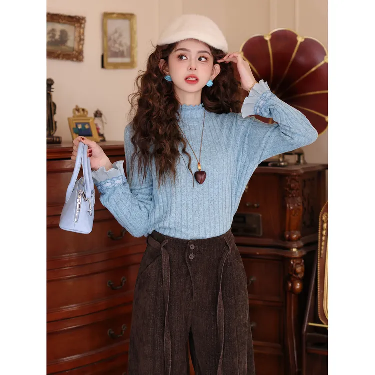 陈大器【雨过天青​】港风复古针织蕾丝百搭长袖打底上衣JH5749283