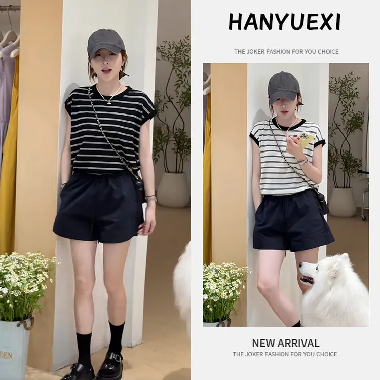 夏季爆款一整套女装2025新款韩版条纹短袖上衣高腰休闲短裤两件套
