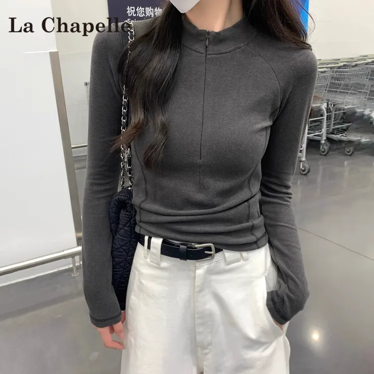 拉夏贝尔半拉链立领长袖T恤女2025秋新款修身内搭打底衫辣妹上衣