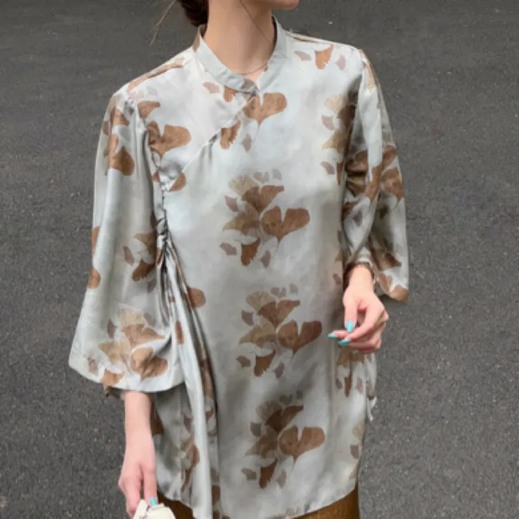 【秋款上新】新中式斜襟立领蝙蝠袖银杏叶斜纹绸衬衫夏季气质上衣