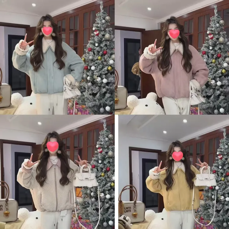 冬季韩系翻领纯色简约拉链短款短外套冬季加绒保暖小个子