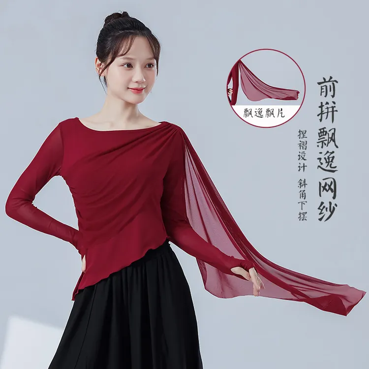 现代舞女网纱拼接不规则长袖上衣舞蹈生日常形体训练古典舞练功服