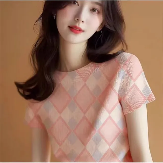 2025夏季新款爆款小众设计感上衣夏季粉色正肩针织冰丝短袖t恤女