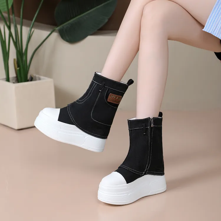 超高跟10-12CM秋季新款隐形内增高裤管靴厚底百搭小白鞋帆布靴子