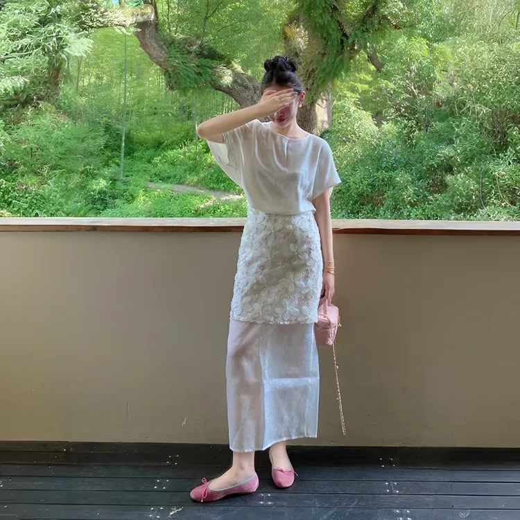 2025夏季新款显瘦圆领短袖上衣搭重工拼接假两件半身裙气质时尚