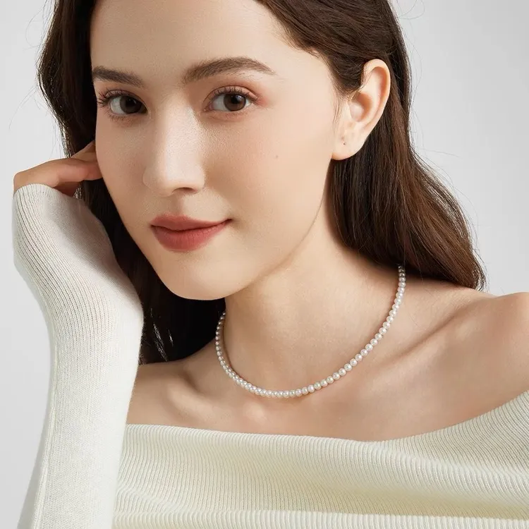 淡水珍珠3-4mm项链近正圆卡极光微微瑕天然可刮粉气质百搭003