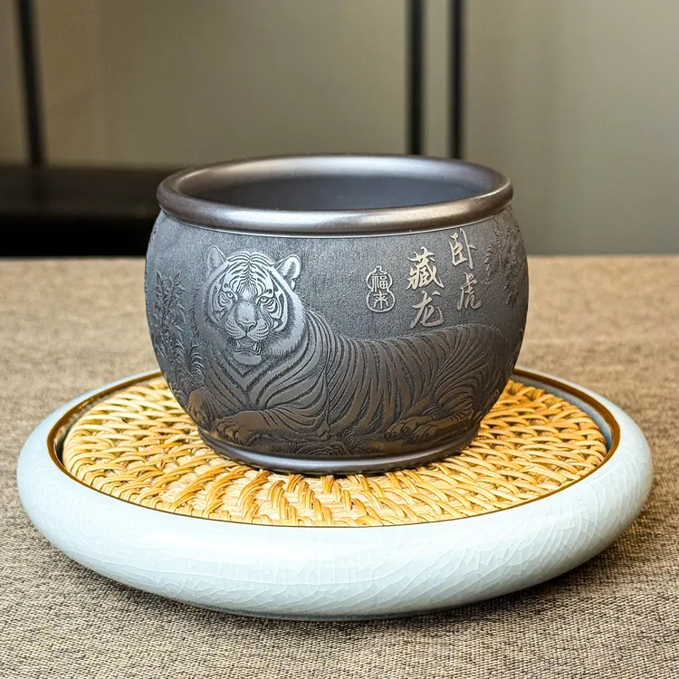 主人杯宜兴紫砂 卧虎藏龙 雕刻原矿石黄高端紫砂茶杯送礼喝茶茶具