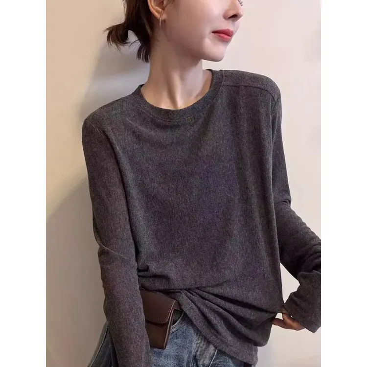 巨好看的早秋上衣2025秋季新款衣服灰色长袖T恤女圆领内搭打底衫