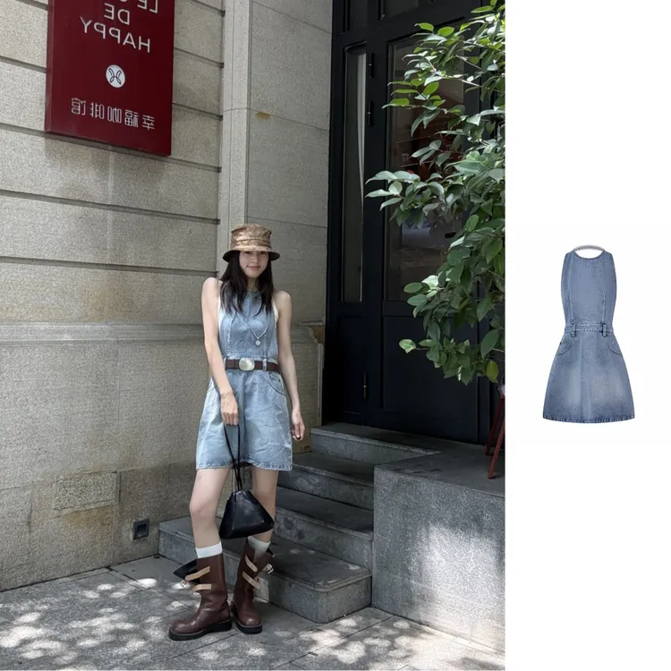 COEMES  25春夏经典牛仔无袖连衣裙复古酷飒高腰挂脖裙