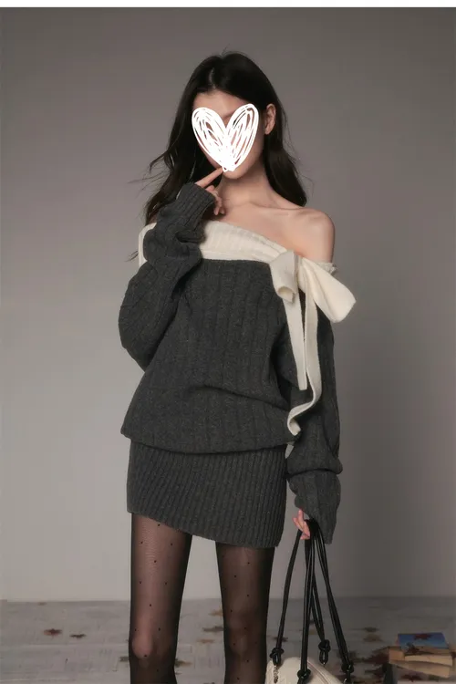 法式甜美一字肩蝴蝶结厚款连衣裙秋冬氛围感针织长袖毛衣包臀裙女