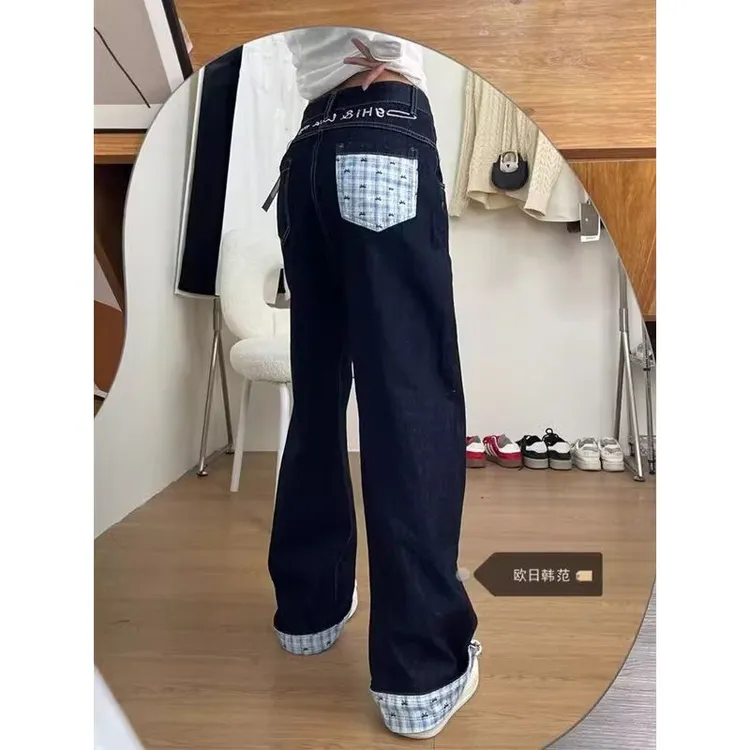 巧妹大码深蓝色蝴蝶格子翻边牛仔裤女胖mm复古设计感高腰显瘦直筒