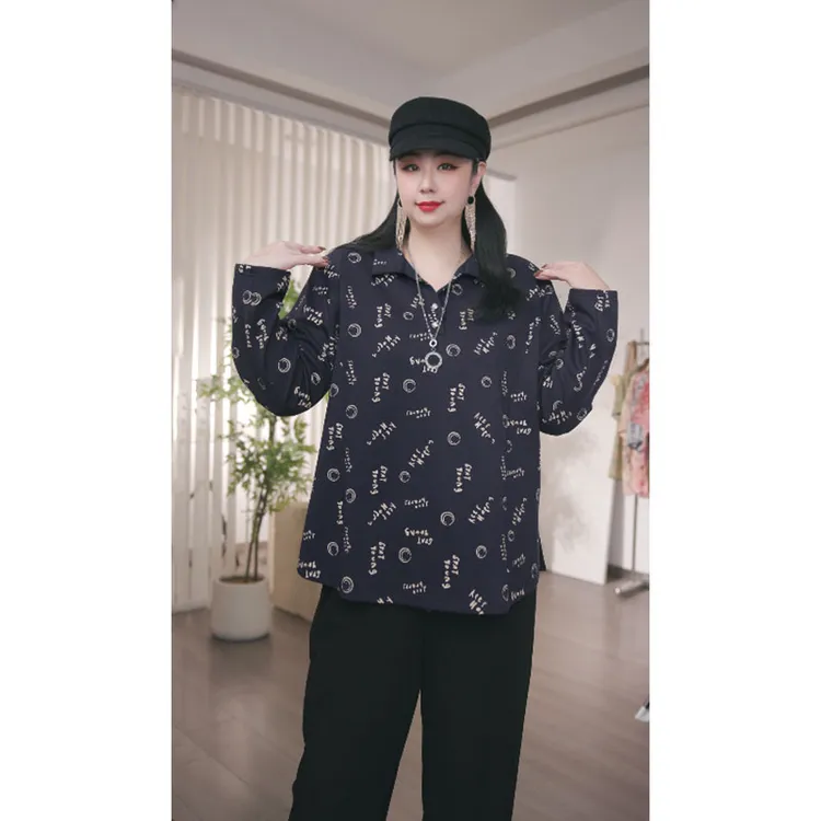 大码女装秋季字母时尚印花polo衫长袖耐磨休闲T恤