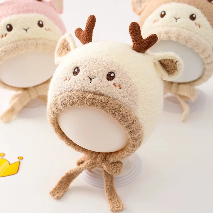 婴儿秋冬款帽子保暖针织毛绒帽可爱卡通男女宝宝冬季加厚防风护耳