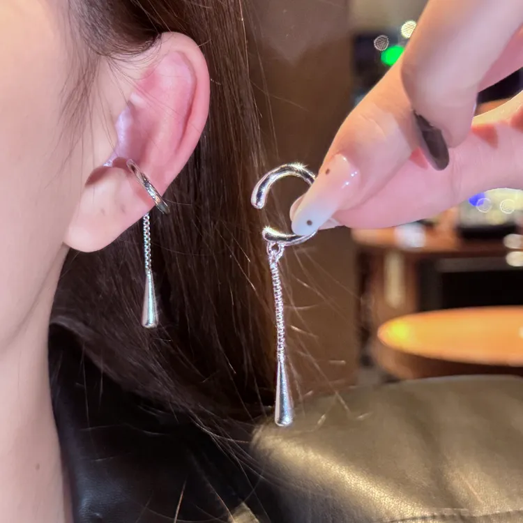 铜合金耳饰 ins冷淡风百搭简约长款流苏链条水滴无耳洞耳骨夹