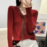 25秋新款圆领重工镶钻飘带时尚气质修身显瘦欧长袖针织衫250909#