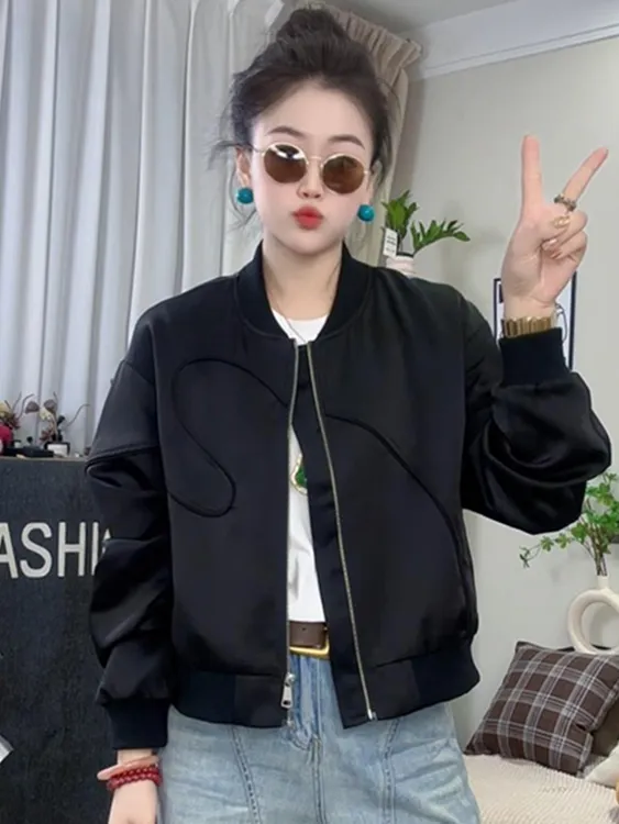 设计感拉链短款外套女士2025春季新款宽松显瘦棒球服立领夹克上衣