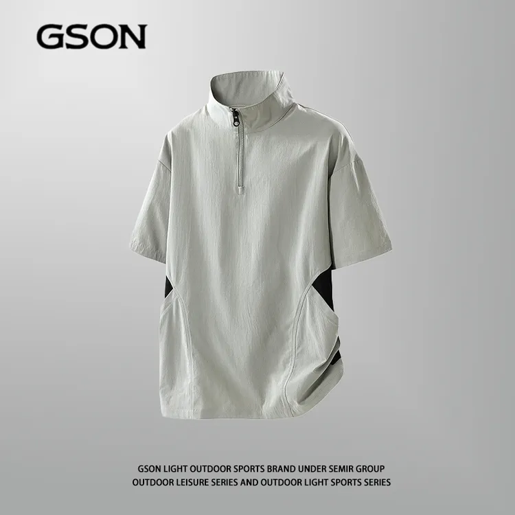 GSON夏季薄款宽松短袖拼接Polo衫潮流纯色免烫休闲百搭简约工装风