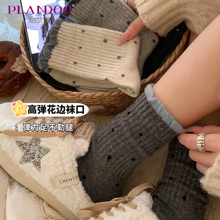 波点羊毛袜子女秋冬季灰色中筒袜加厚保暖羊绒棉袜复古花边长筒袜