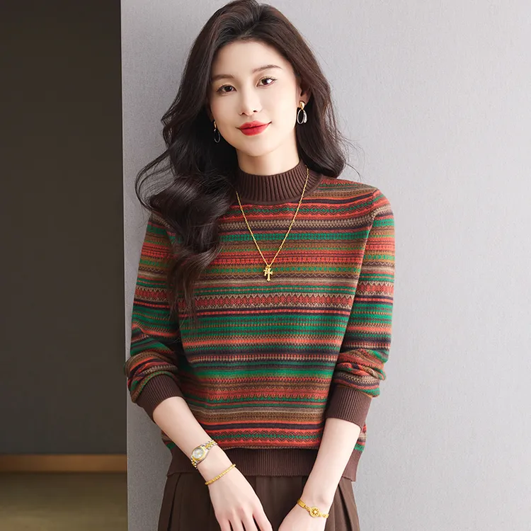 鄂尔都市100%纯羊绒衫女百搭显瘦针织打底秋冬条纹气质保暖毛衣