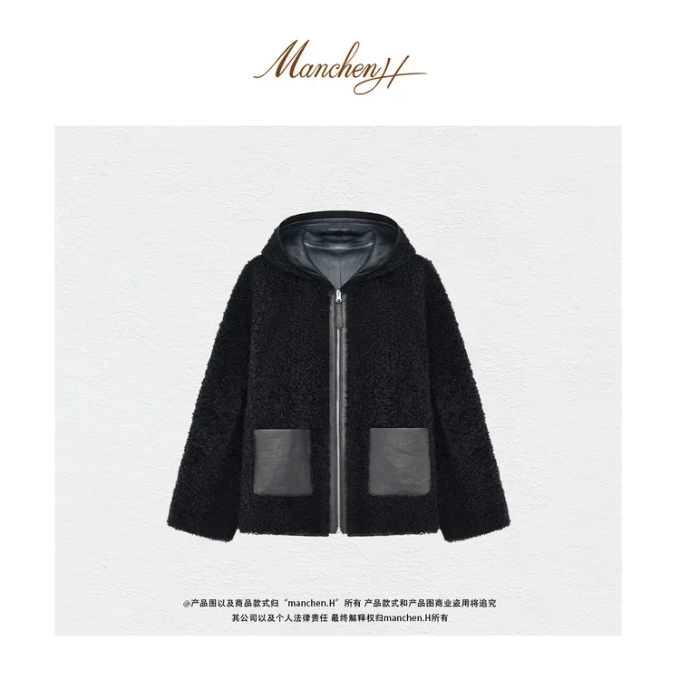 Manchenh"北境蓝光"品牌单系列暗夜蓝连帽拉贡皮毛一体外套