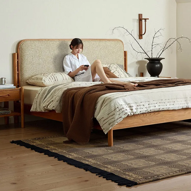 双12新款中古风高端雪尼尔绒云栖原实木布艺大床宋式美学家具