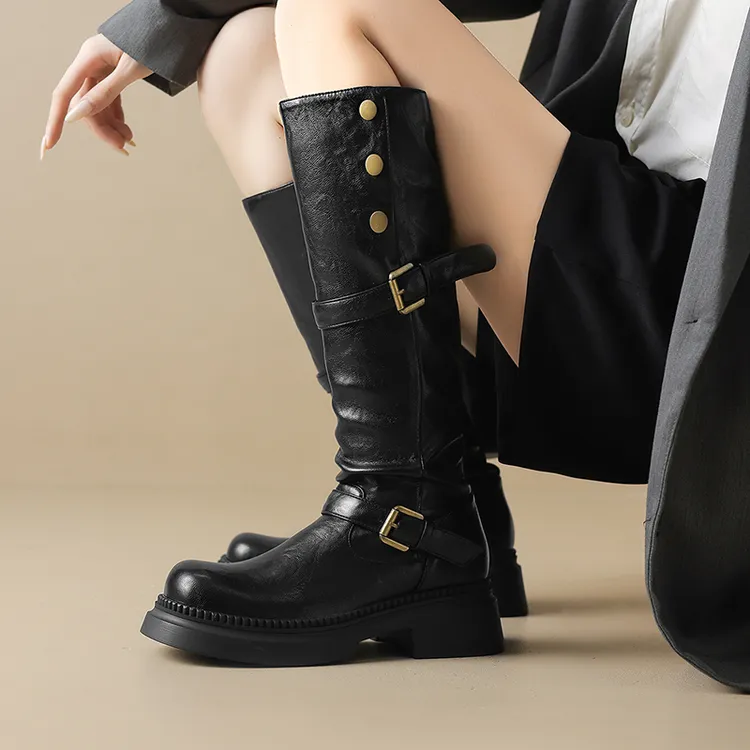 大筒围厚底长筒靴女秋冬骑士靴棕色美拉德高跟粗腿大码长靴41到43