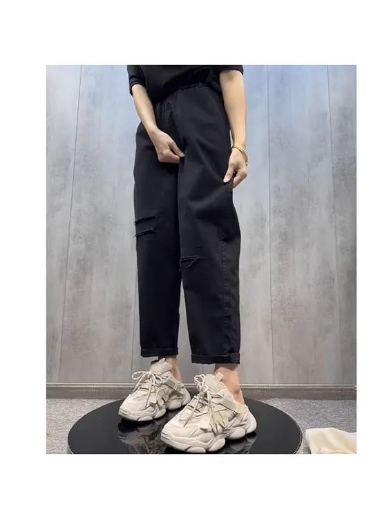 梨形身材大码女装宽松显瘦休闲裤子女士季新款弹力百搭哈伦牛仔裤