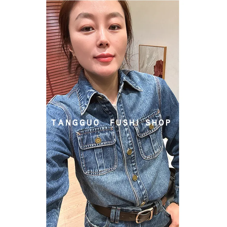 复古『港风』翻领牛仔衬衫弧形下摆秋季休闲衬衣女长袖69945