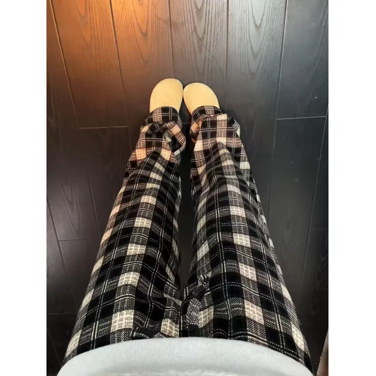 美式复古格纹休闲裤男女秋冬小众vintage宽松直筒阔腿裤高街百搭