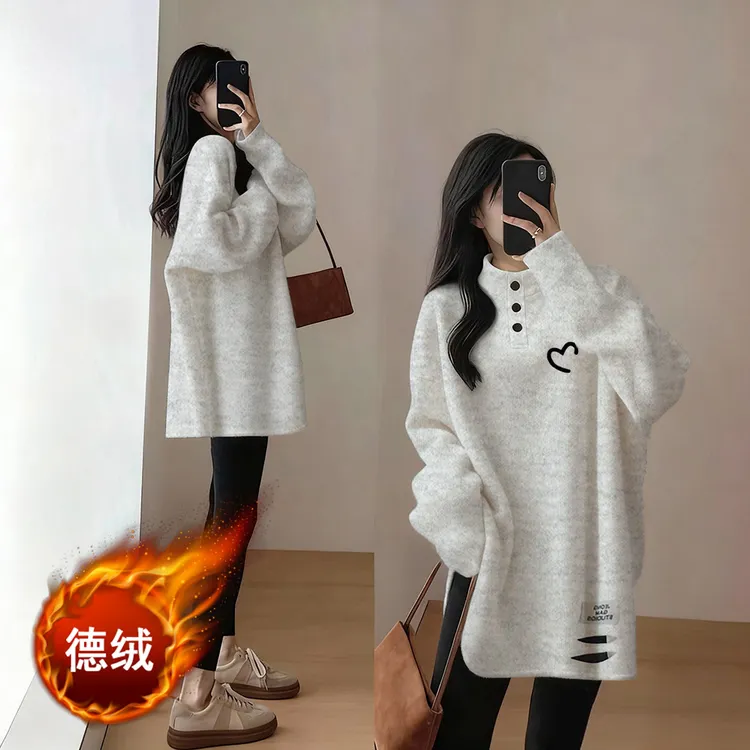 德绒半高领POLO领保暖打底衫秋冬季新款中长款简约印花款女士t恤