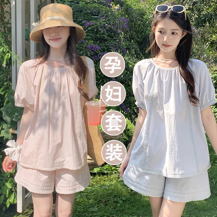 孕妇法式夏季薄款简约泡泡袖衬衫短裤2025新款气质减龄休闲两件套