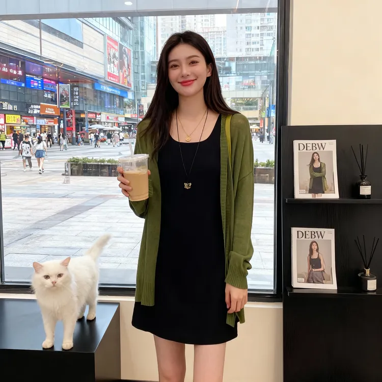 休闲慵懒风长袖薄款针织开衫女2025早秋百搭时尚纯色薄款外披上衣