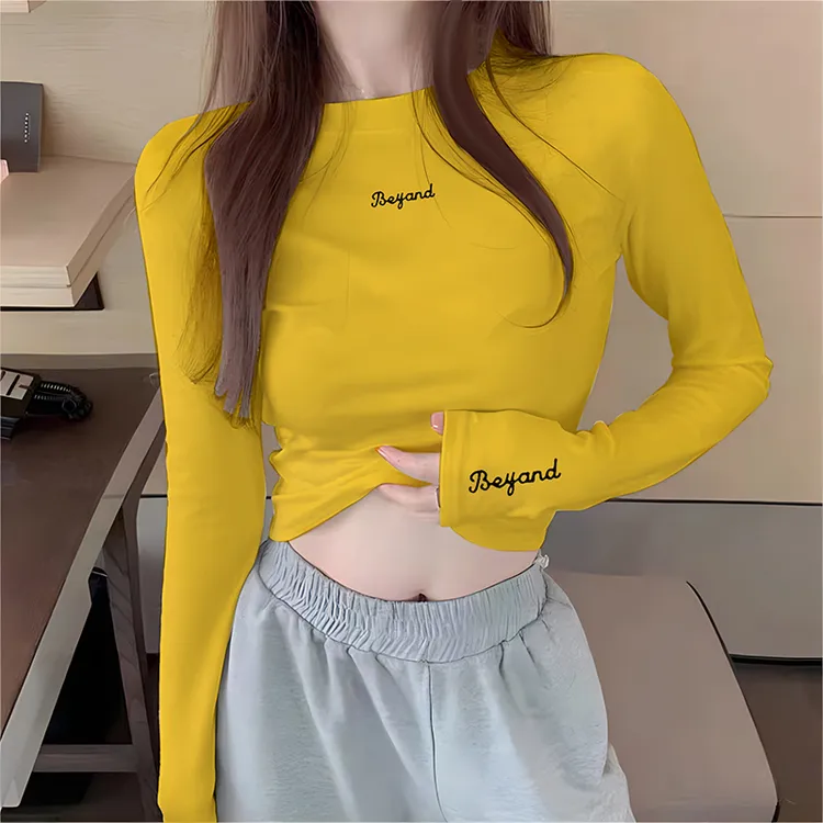 黄色正肩长袖t恤女秋季修身显瘦小个子chic甜辣妹多巴胺短款上衣