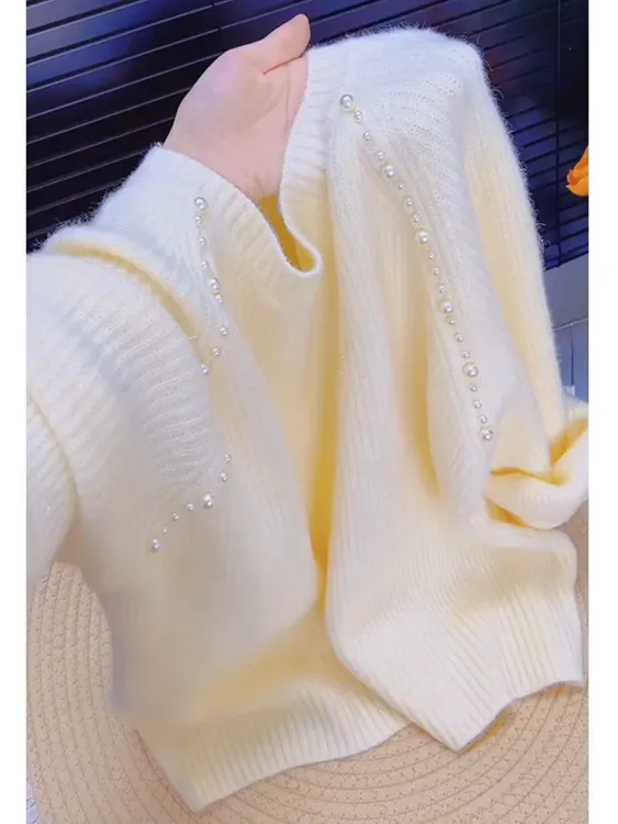 慵懒风重工钉珠圆领套头毛衣女秋季新款高级感宽松显瘦针织衫上衣