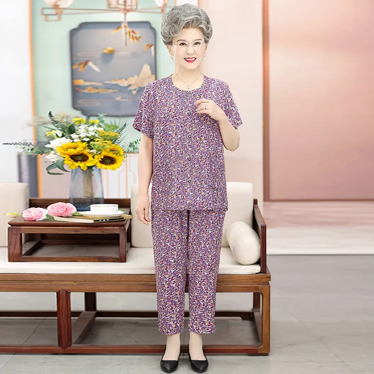 奶奶夏装棉绸套装女薄款睡衣老年人衬衣服夏季短袖女装妈妈T恤