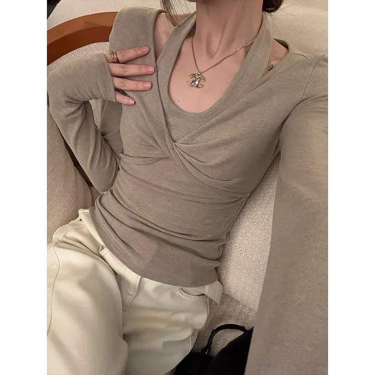 美式复古挂脖假两件长袖t恤女早秋款百搭修身纯欲辣妹打底衫