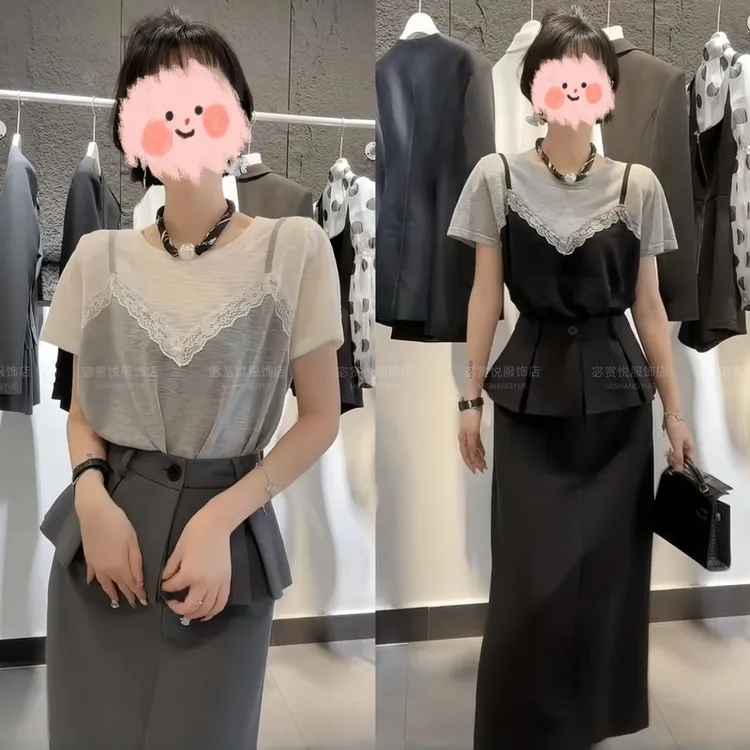 洋气衣服女2025夏季设计感蕾丝假两件短袖上衣百搭半身裙气质套装