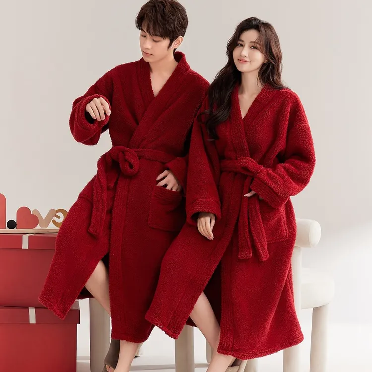红色情侣睡袍女秋冬季加绒加厚法兰绒睡衣青少年冬季加绒加厚睡衣