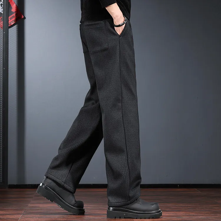秋冬季休闲西裤男宽松直筒长裤欧美简约老钱风商务加绒条纹西装裤