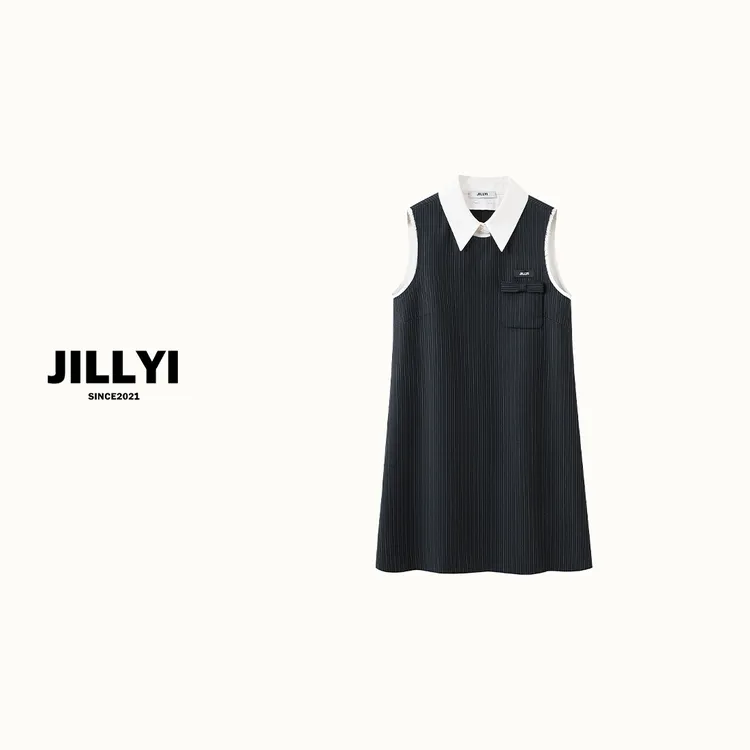 JILLYI珠海店【轻盈篇章】黑色条纹白色领口拼接中长款连衣裙气质时