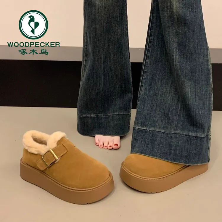 啄木鸟厚底加绒豆豆勃肯鞋女2025新款秋冬外穿毛毛面包鞋保暖棉鞋