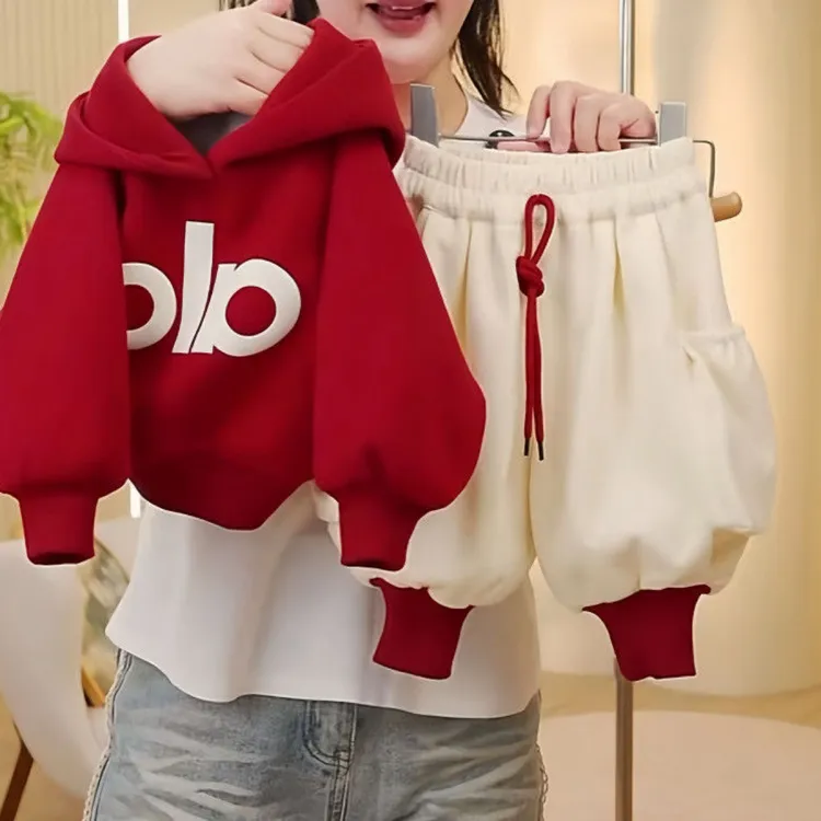 男女童秋款套装2025年新款连帽卫衣韩版洋气安哥拉红小脚工装卫裤
